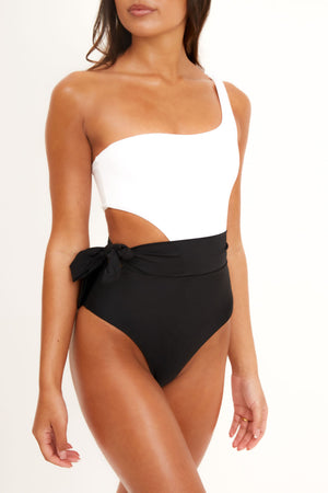 Ibiza Luxe One Shoulder One piece Swimsuit in Black and White (6777373130861)