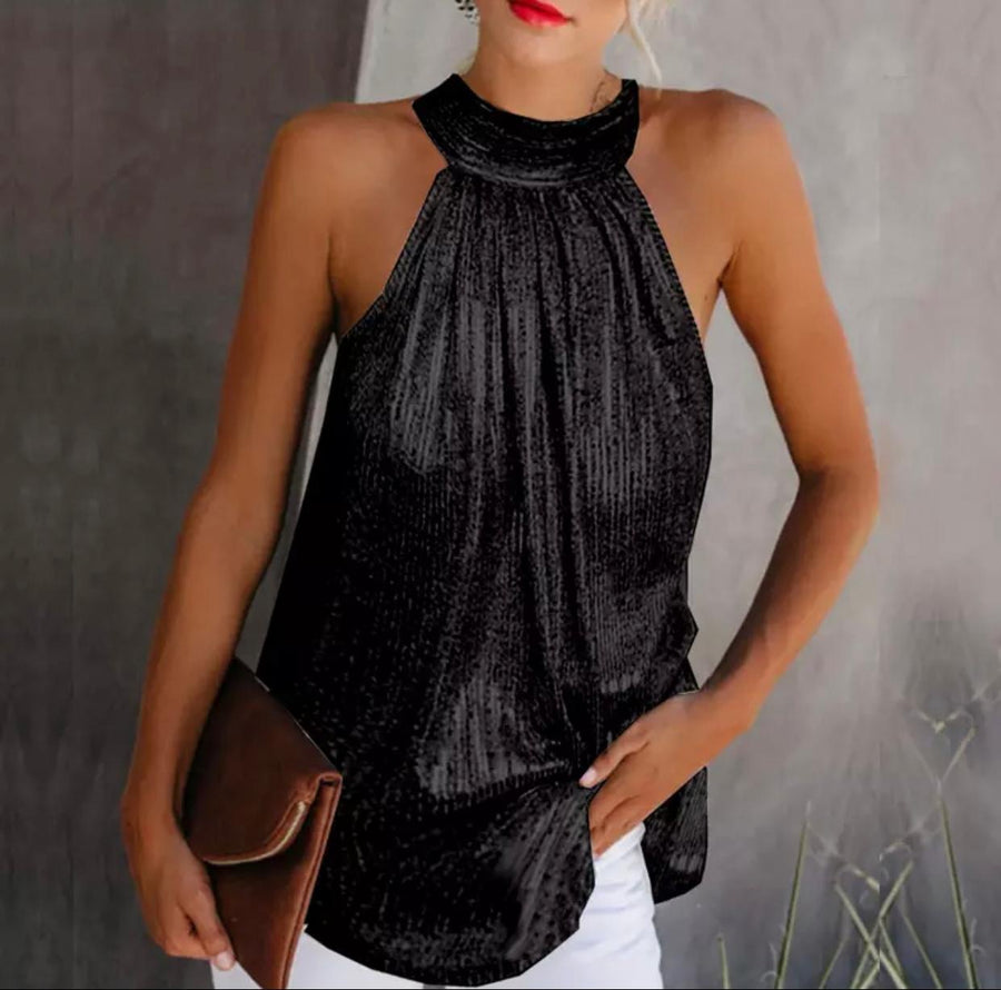 Tazmin Black metallic halter neck top (4784524623981)